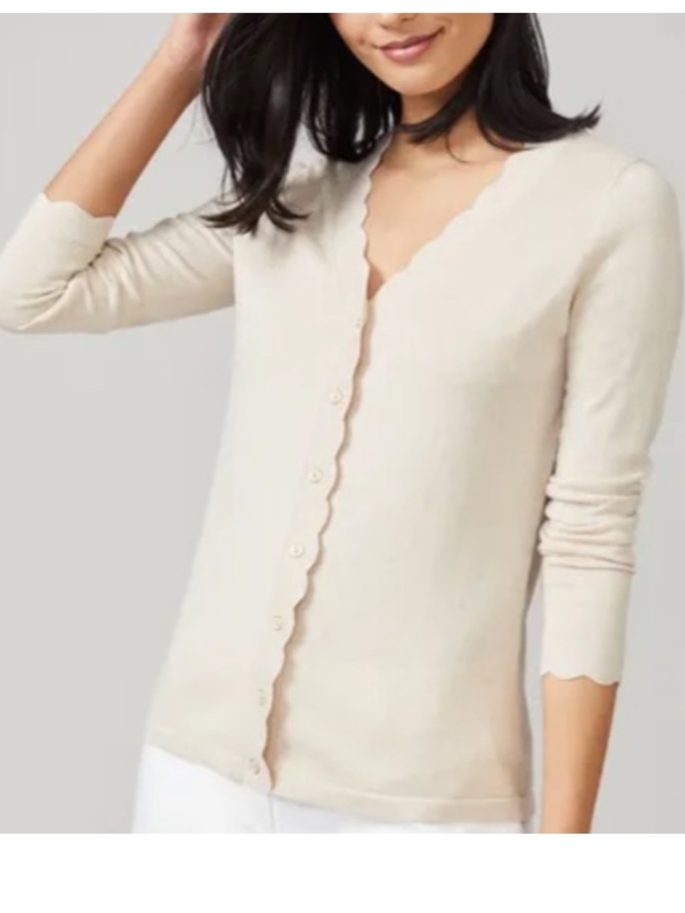 NWOT J. McLaughlin Cotton Cashmere Blend V-Neck Cardigan Scalloped Trim M